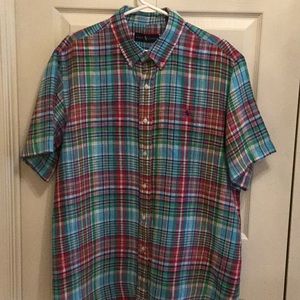 *EUC* Ralph Lauren linen plaid button down short sleeve shirt. Size XL.